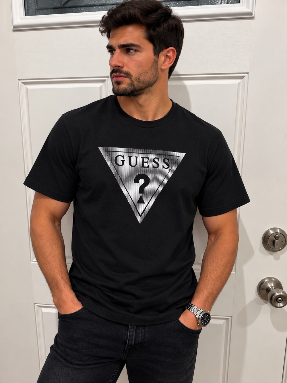 Guess Men's Black Short-Sleeve Logo Tee with Silver Triangle